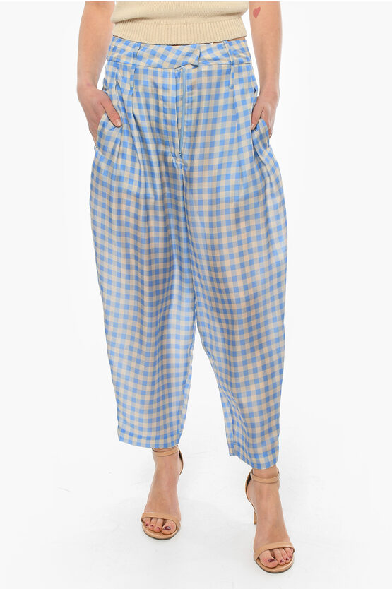 Jejia Silk Ginggam Checked Tilda Wide Trousers In Blue