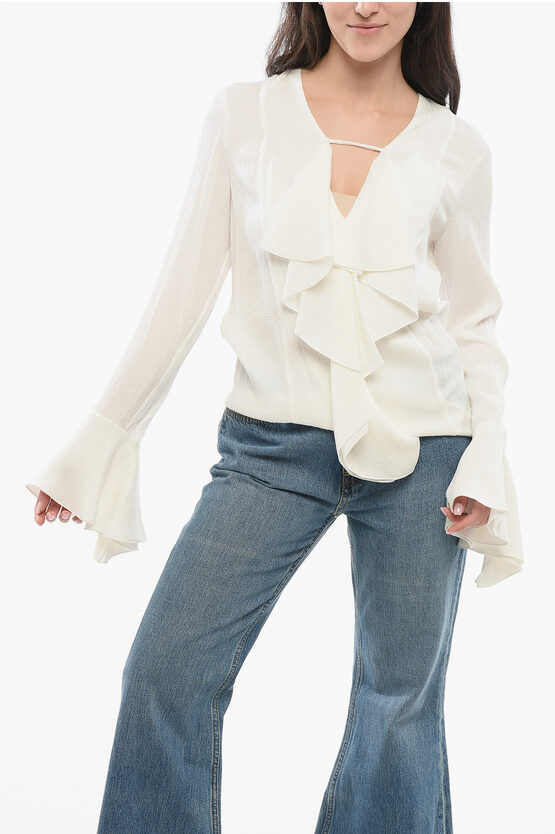 Givenchy Womens White V-neck Ruffle-trim Silk Blouse