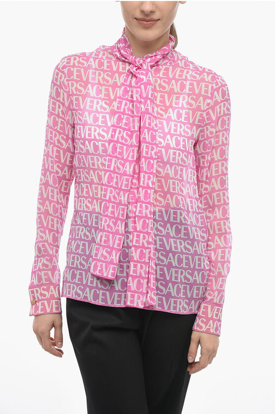 Versace Silk Logoed Shirt With Self-tie Detail In Pink