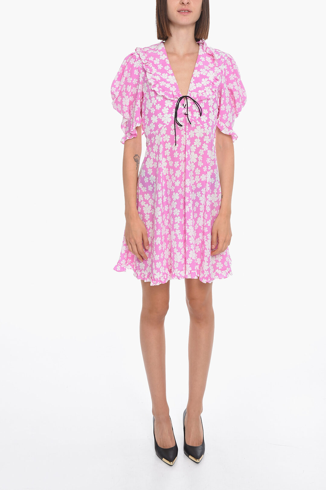 miu miu 2023 フローラルシルクミニワンピース IT38 Belted Short Sleeve Dress | MIU MIU | elysewalker