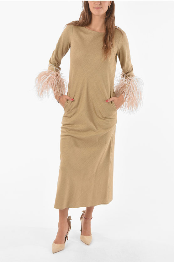 Stephan Janson Silk Maxi Dress With Feathers On Bottom Sleeves In Gold