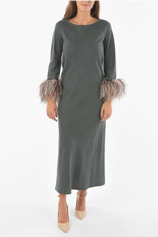 Shop Stephan Janson Silk Maxi Dress With Feathers On Bottom Sleeves