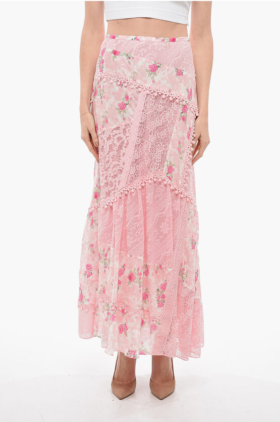 Loveshackfancy Silk Maxi Skirt With Lace Details In Pink