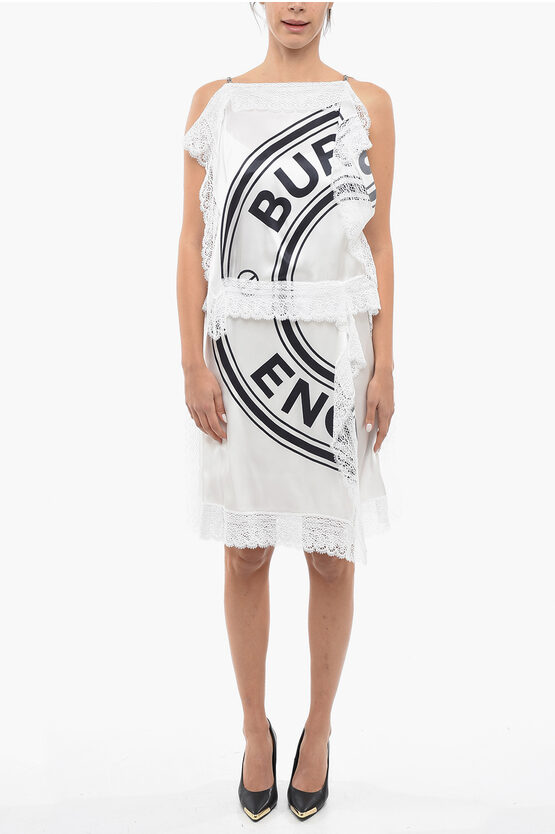 Burberry Silk Midi Dress With Logo Print And Lace Details In White