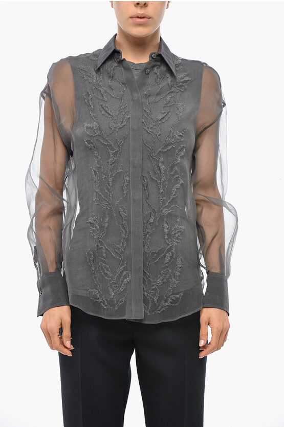 Brunello Cucinelli Silk Organza Shirt With Embroidery In Gray