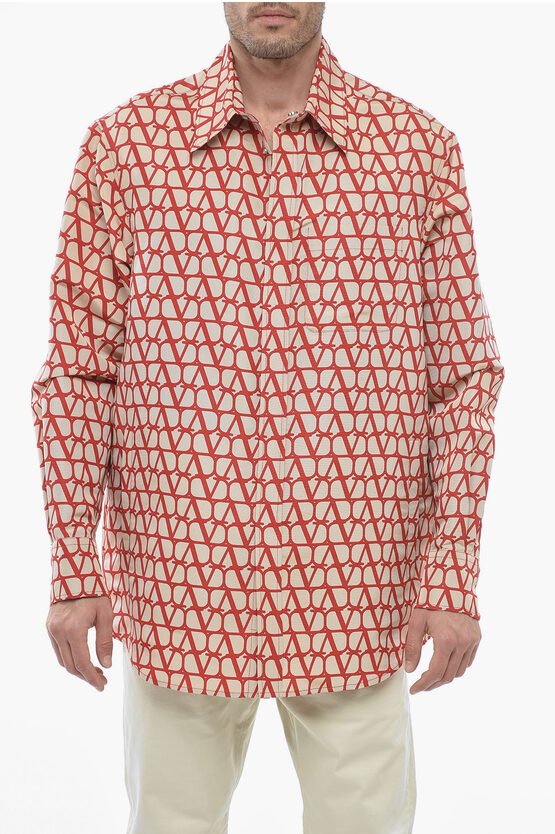 Valentino Silk Oversized Shirt With Logo Pattern In Pink