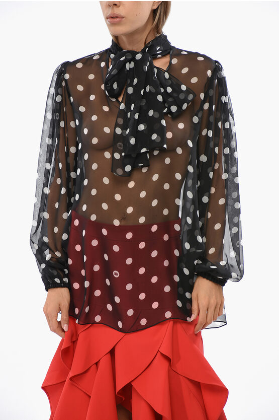 Dolce & Gabbana Silk Polka Dots Tie Neck Blouse In Black