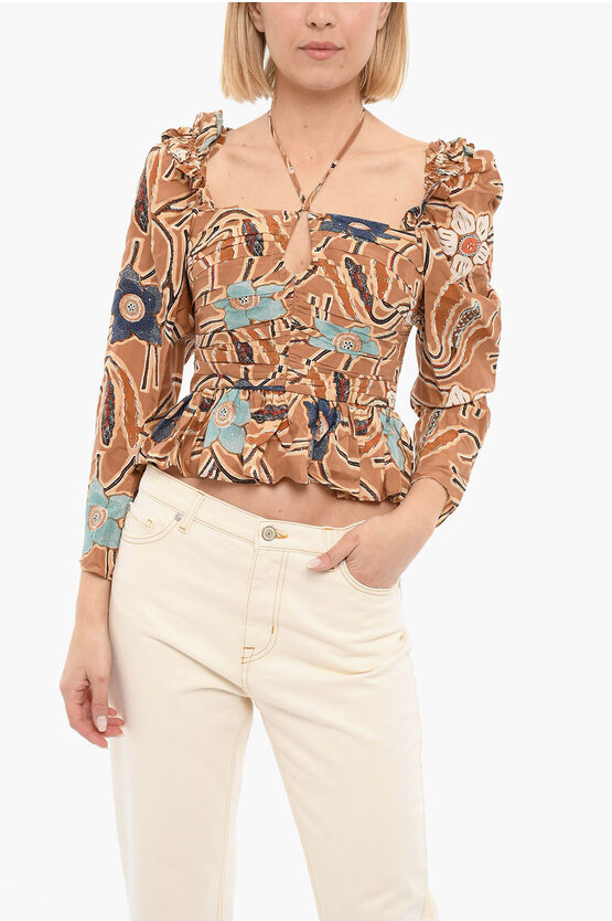 Ulla Johnson Silk Ruffled Mirelle Top With Floral Motif In Brown