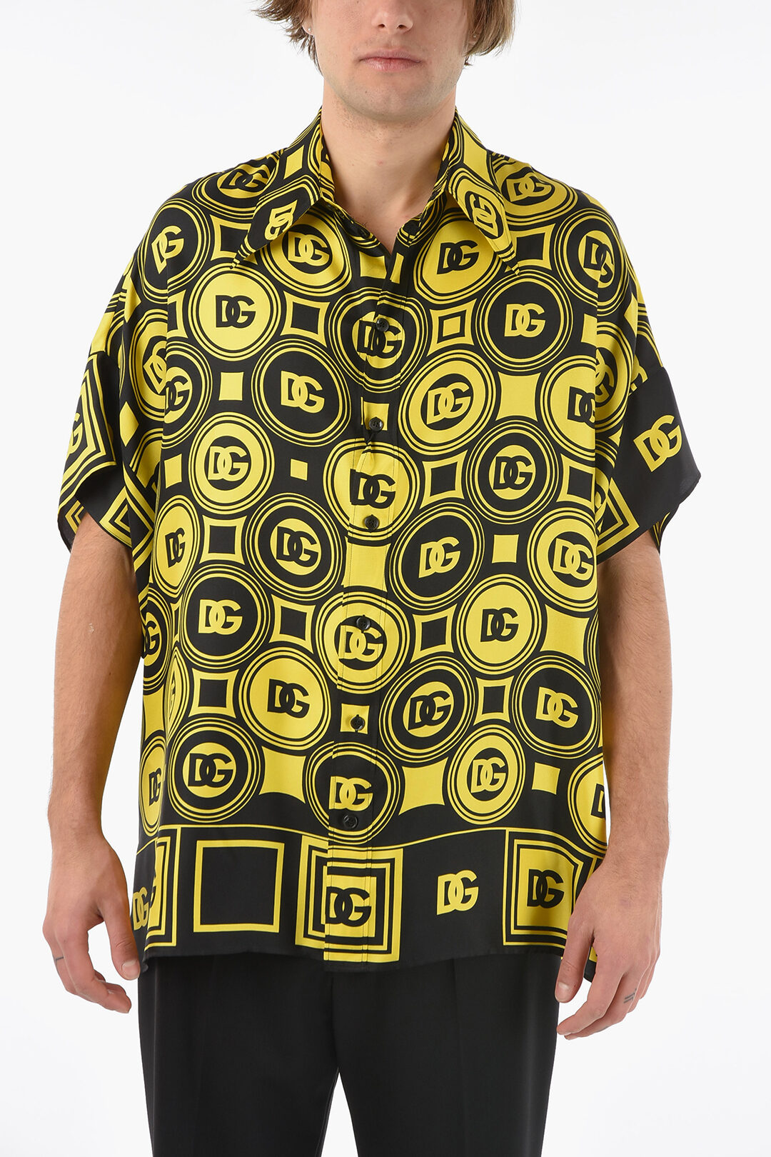 Silk-satin Hawaiian Shirt with Monogram Print