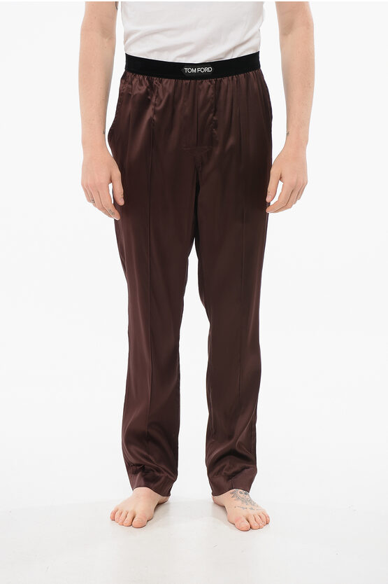 Tom Ford Silk Satin Pijama Pants With Velour Detail In Brown
