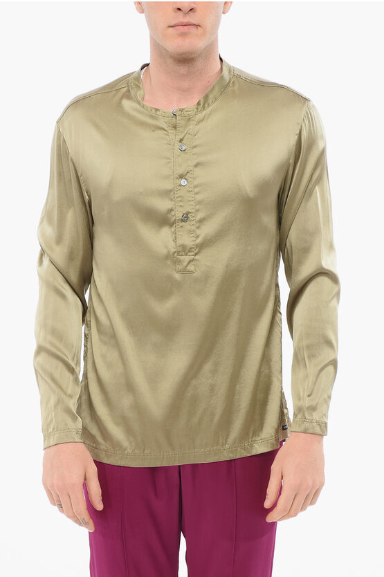 Tom Ford Silk Satin Pijama Shirt With Mandarin Collar In Green