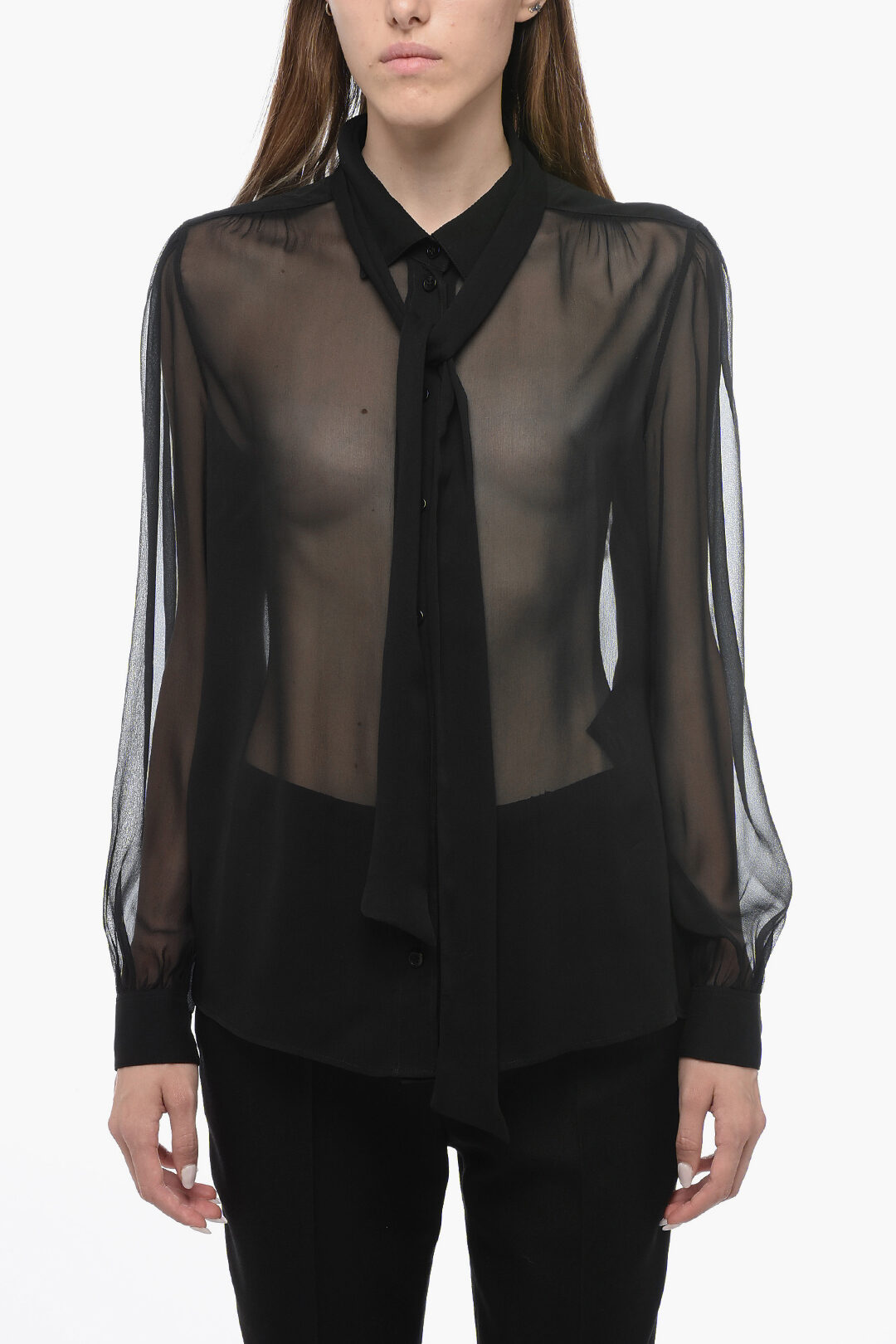 Silk Sheer Shirt with Lavallière-neck