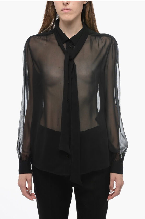 Saint Laurent Silk Sheer Shirt With Lavallière-neck In Black