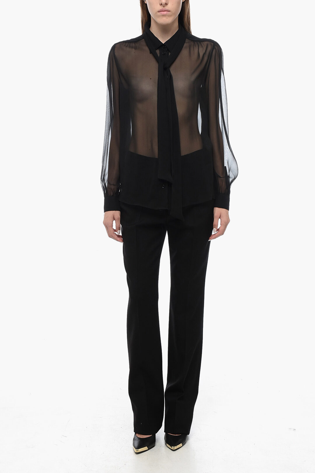 Saint Laurent Silk Sheer Shirt with Lavallière-neck women Saint Laurent Silk Sheer Shirt with Lavallière-neck women