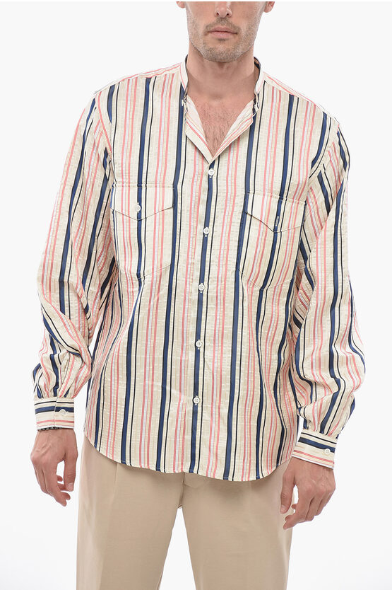 Shop Bally Silk Striped Shirt With Band Collar