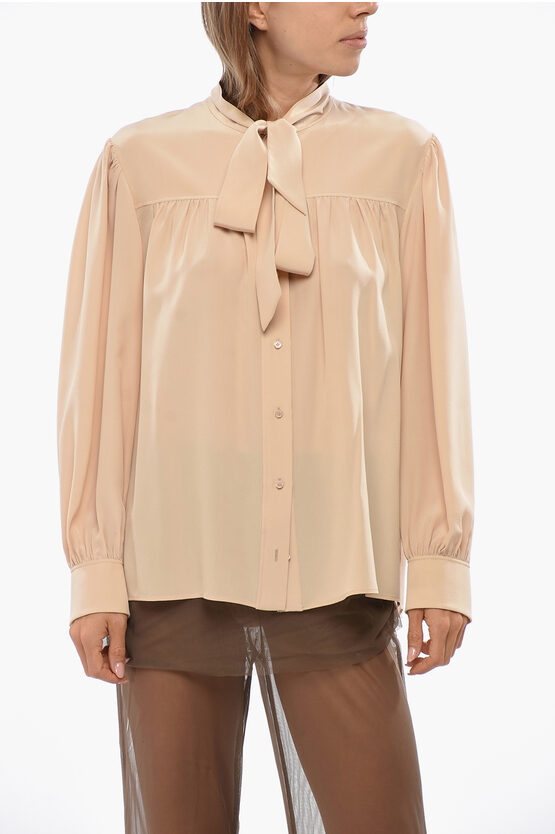 Chloé Silk Tie Neck Blouse With Puff Sleeve In Neutral
