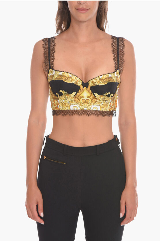 Versace Silk Top With Lace Detail And Barocco Print In Black