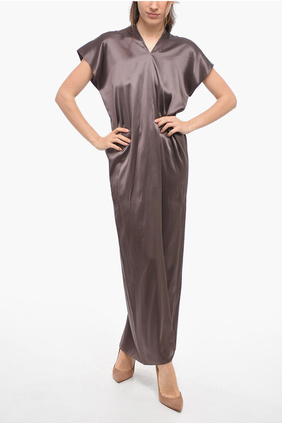 Aspesi Silk V-neckline Maxi Dress In Brown