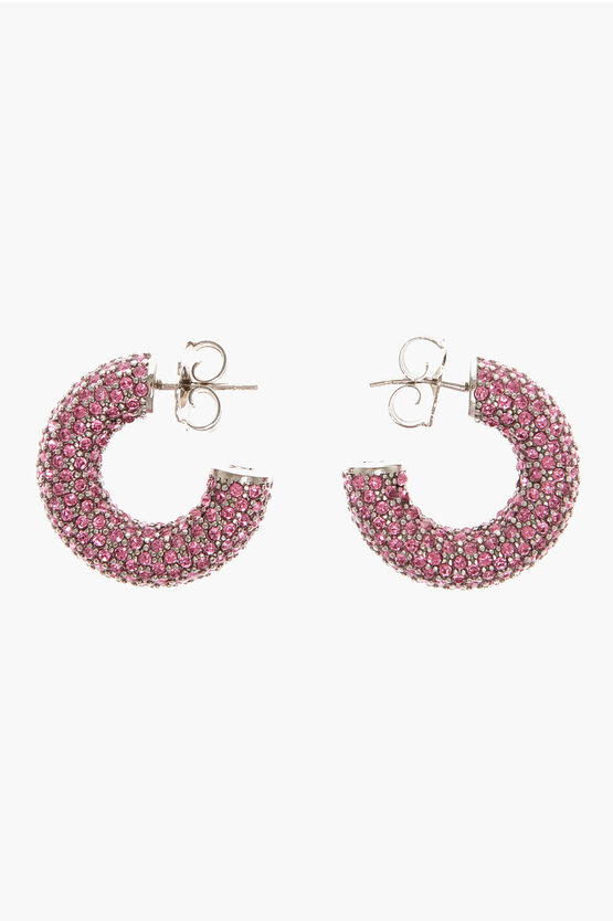 Amina Muaddi Silver Cameron Hoop Earrings With Rhinestone Embellishment In Pink