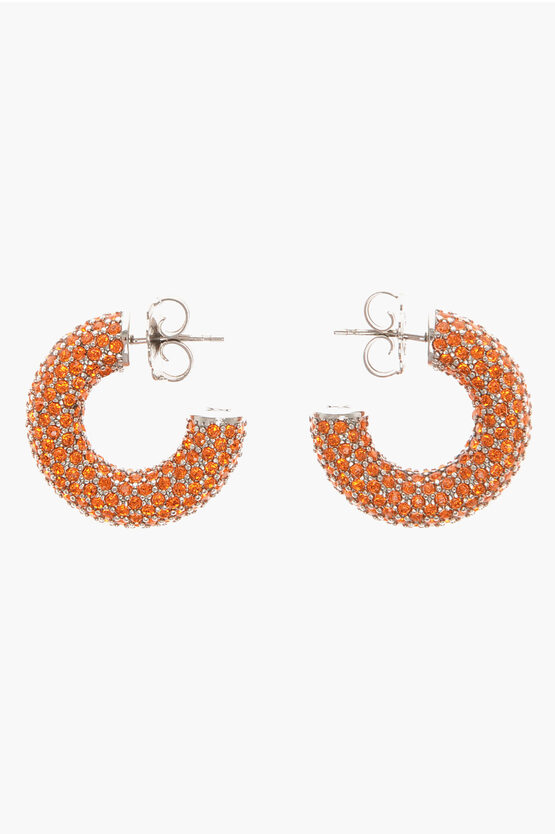Amina Muaddi Silver Cameron Hoop Earrings With Rhinestone Embellishment In Orange