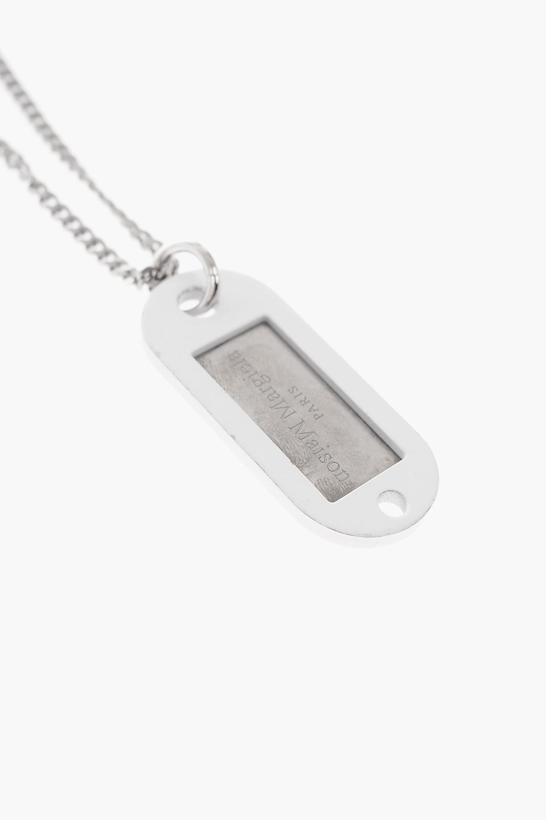 silver chain necklace with label pendant