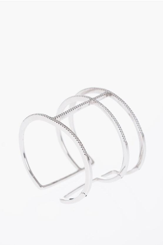 Apm Monaco Silver Cuff Bracelet Embellished With Rhinestones In Metallic