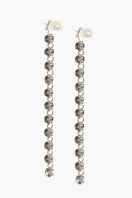 D'heygere Silver Earrings With Pearl And Chain Decorated With Butterfl In Multi