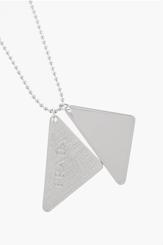 Prada Silver Necklace With Double Logo Plaque In Grey