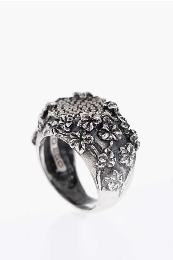 Quinto Ego Silver Pave' Floreale Ring With Zircons In Blue