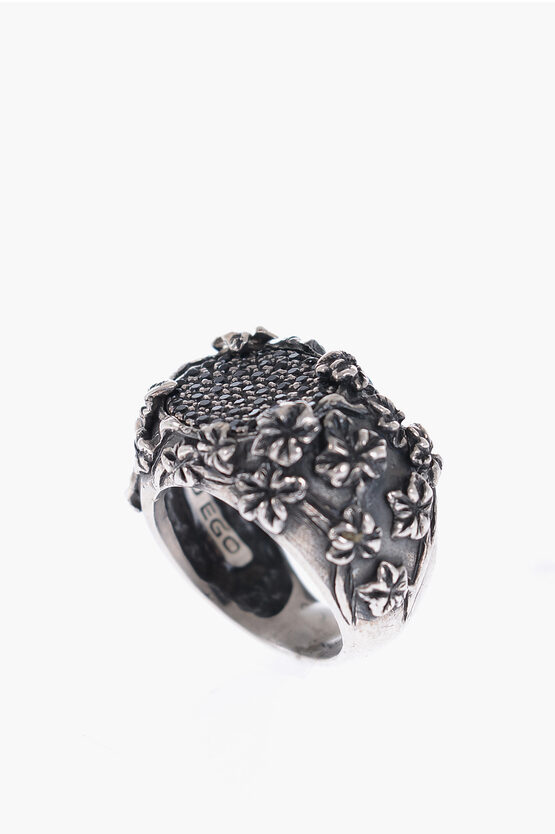 Quinto Ego Silver Pave' Floreale Ring With Zircons In Black