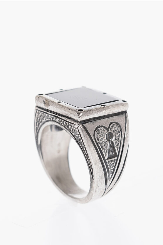Quinto Ego Silver Picche Ring With Engravings And Center Stone In Metallic