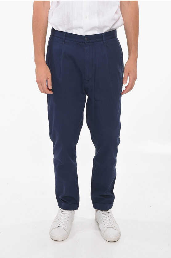 Woolrich Single-pleat Cotton Trousers In Blue