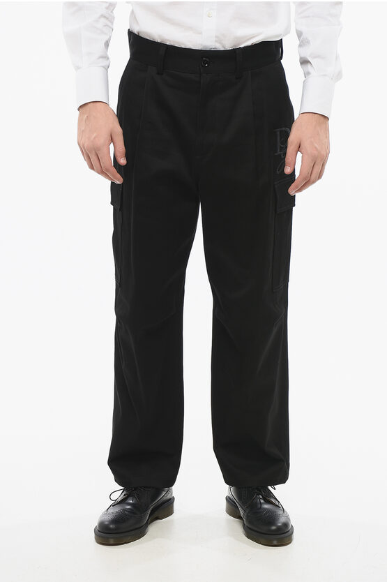 Dolce & Gabbana Single-pleated Cargo Pants With Embroidered Monogram In Black
