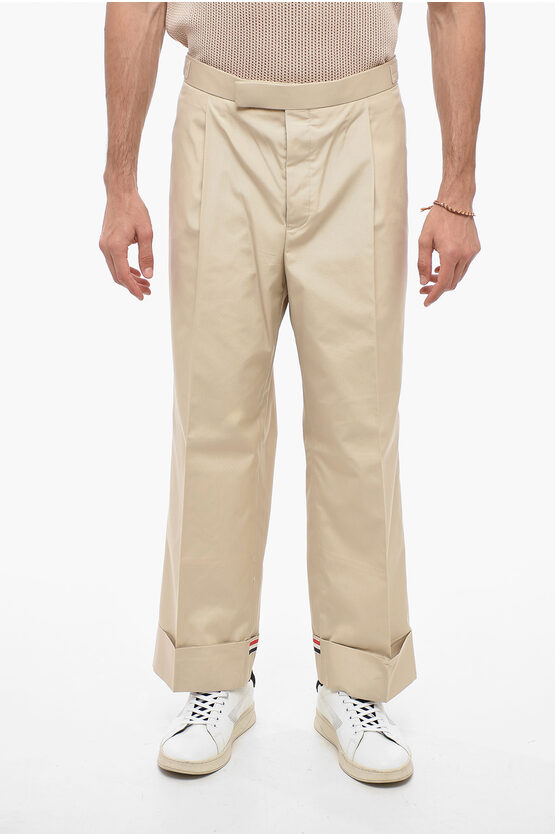 Thom Browne Single-pleated Cotton Blend Pants With Iconic Detail In Multi