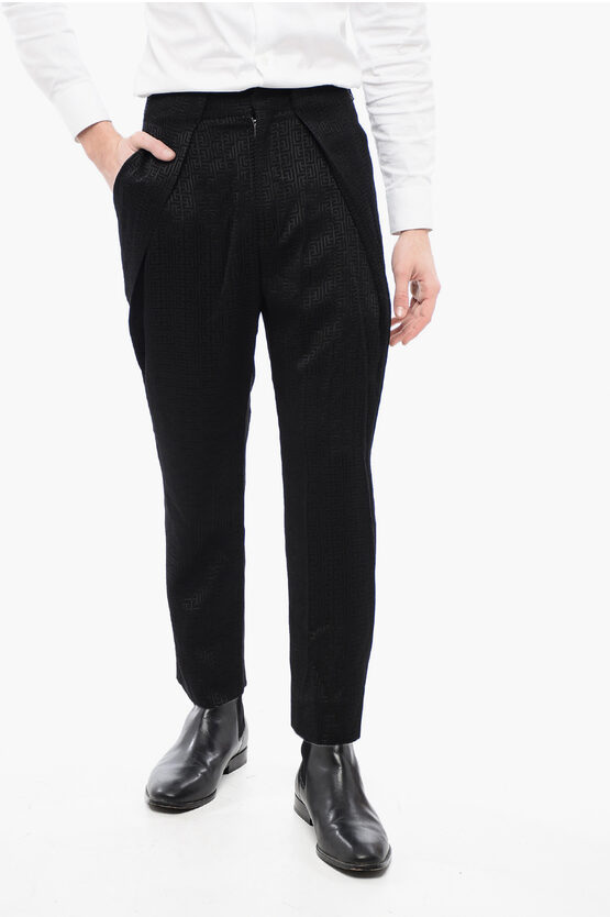 Balmain Single-pleated Jacquard Viscose Trousers With Monogram Motif In Black