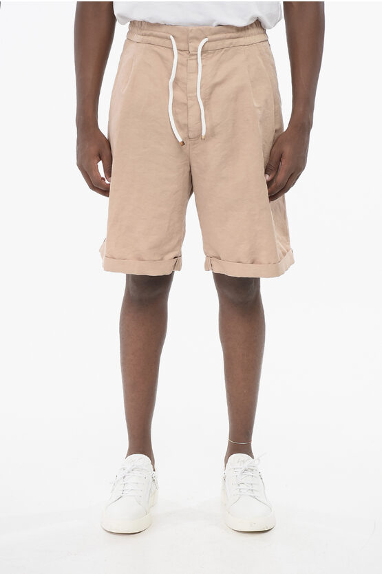 Brunello Cucinelli Single-pleated Linen Blend Shorts With Elastic Waistband In Brown