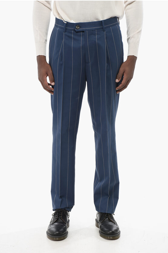 Brunello Cucinelli Single-pleated Pinstriped Wool Blend Pants In Blue