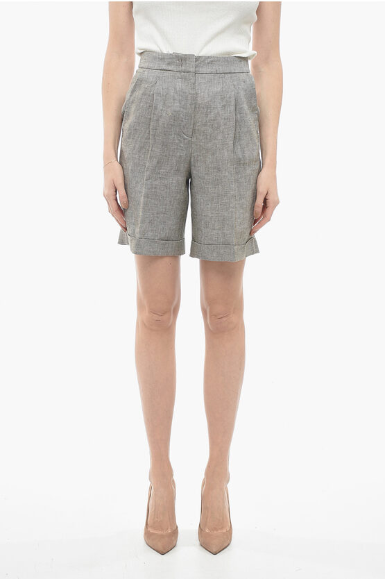 Peserico Single-pleated Twill Linen Shorts In Gray