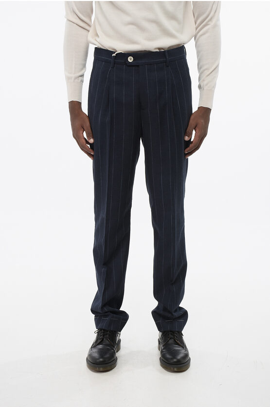 Brunello Cucinelli Single-pleated Virgin Wool Blend Pants With Pinstriped Motif In Blue