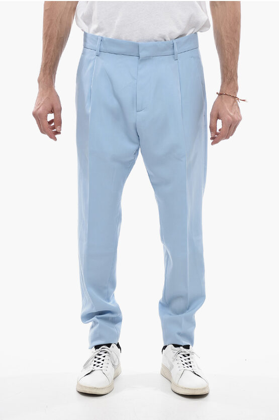Dsquared2 Single-pleated Virgin Wool Pants With Hidden Buttoning In Blue