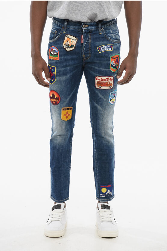 Dsquared2 Skater Fit Delavè Denims With Embroidered Patches 15cm In Blue