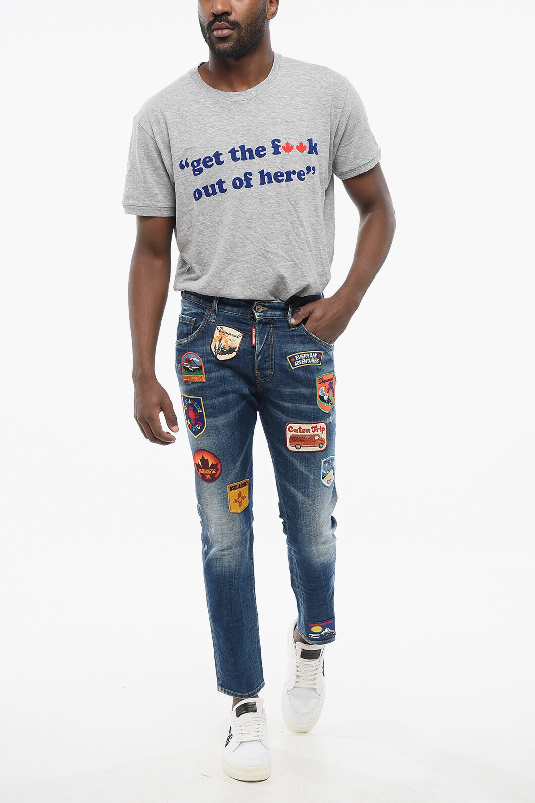 Dsquared2 Skater Fit Delavè Denims with Embroidered Patches 15cm Dsquared2 Skater Fit Delavè Denims with Embroidered Patches 15cm