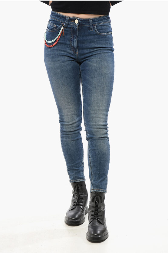Elisabetta Franchi Skinny Fit Delavè Denims With Chain Detail 11cm In Blue
