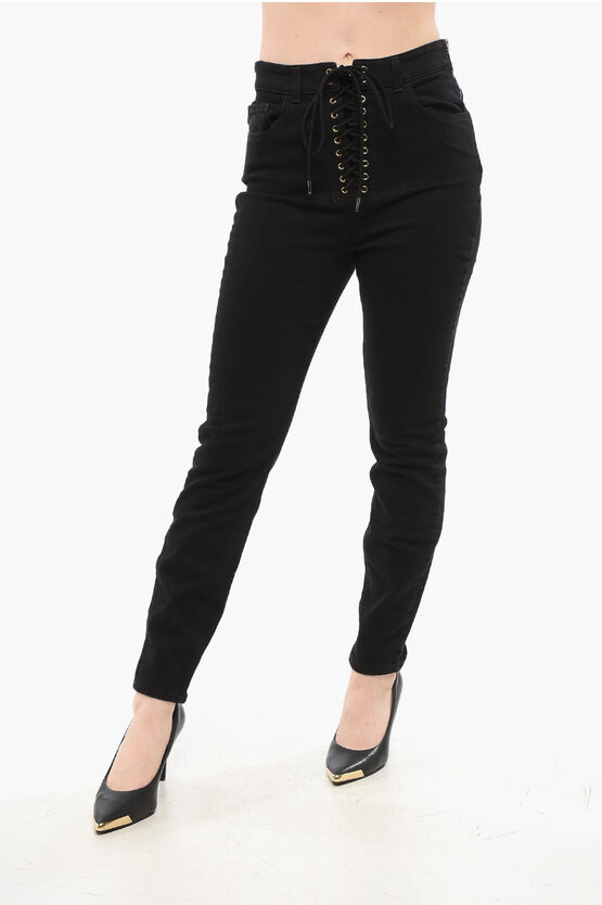 Elisabetta Franchi Skinny Fit Denims With Lace-up Detail 12cm In Black