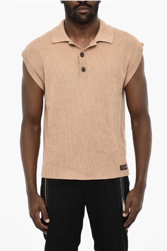 Dsquared2 Sleeveless Cotton Sweater With Leather Detail And Polo Neck