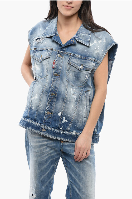 Dsquared2 Sleeveless Denim Jacket With Distressed Details