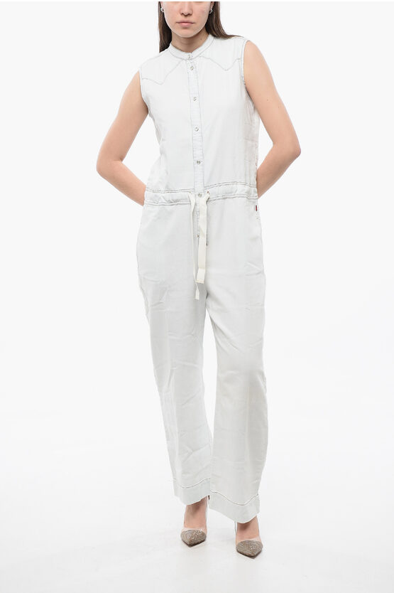 Woolrich Sleeveless Denim Jumpsuit With Drawstringed Waist