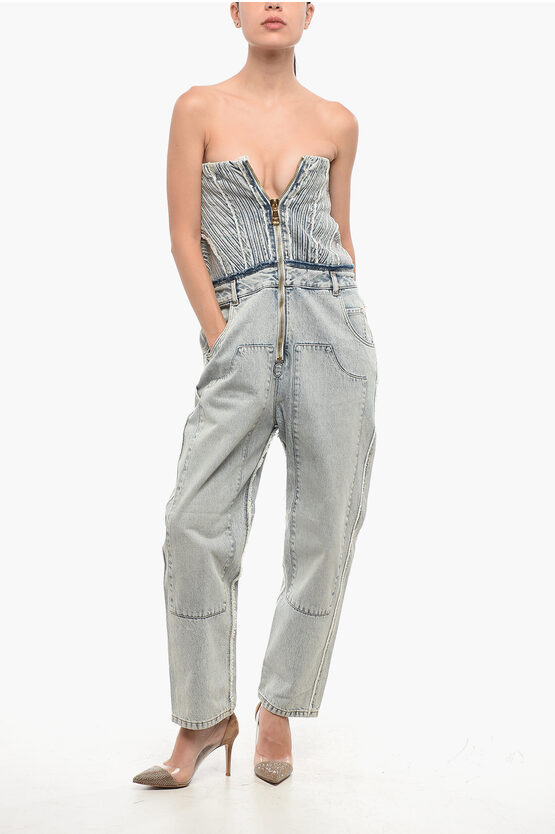 Balmain Sleeveless Denim Jumpsuit In Blue