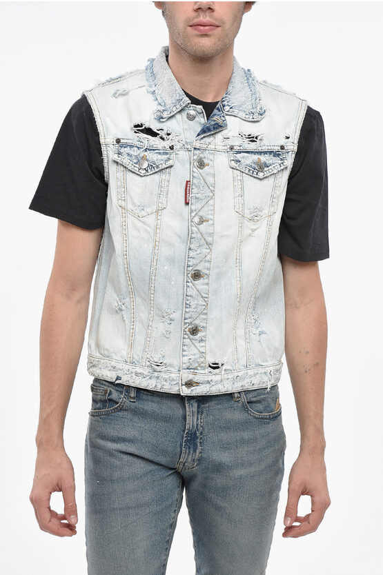 Dsquared2 Sleeveless Destroyed Denim Jacket In Metallic