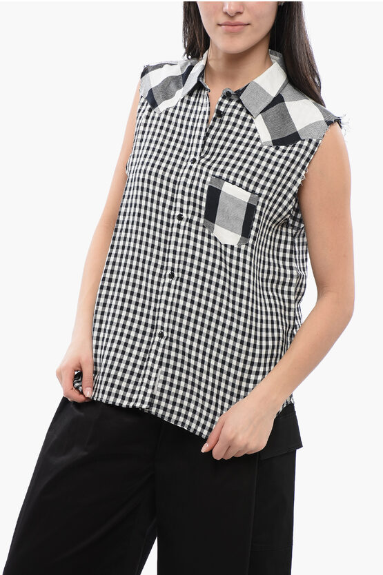WOOLRICH SLEEVELESS LINEN BLEND SHIRT WITH GINGHAM PATTERN
